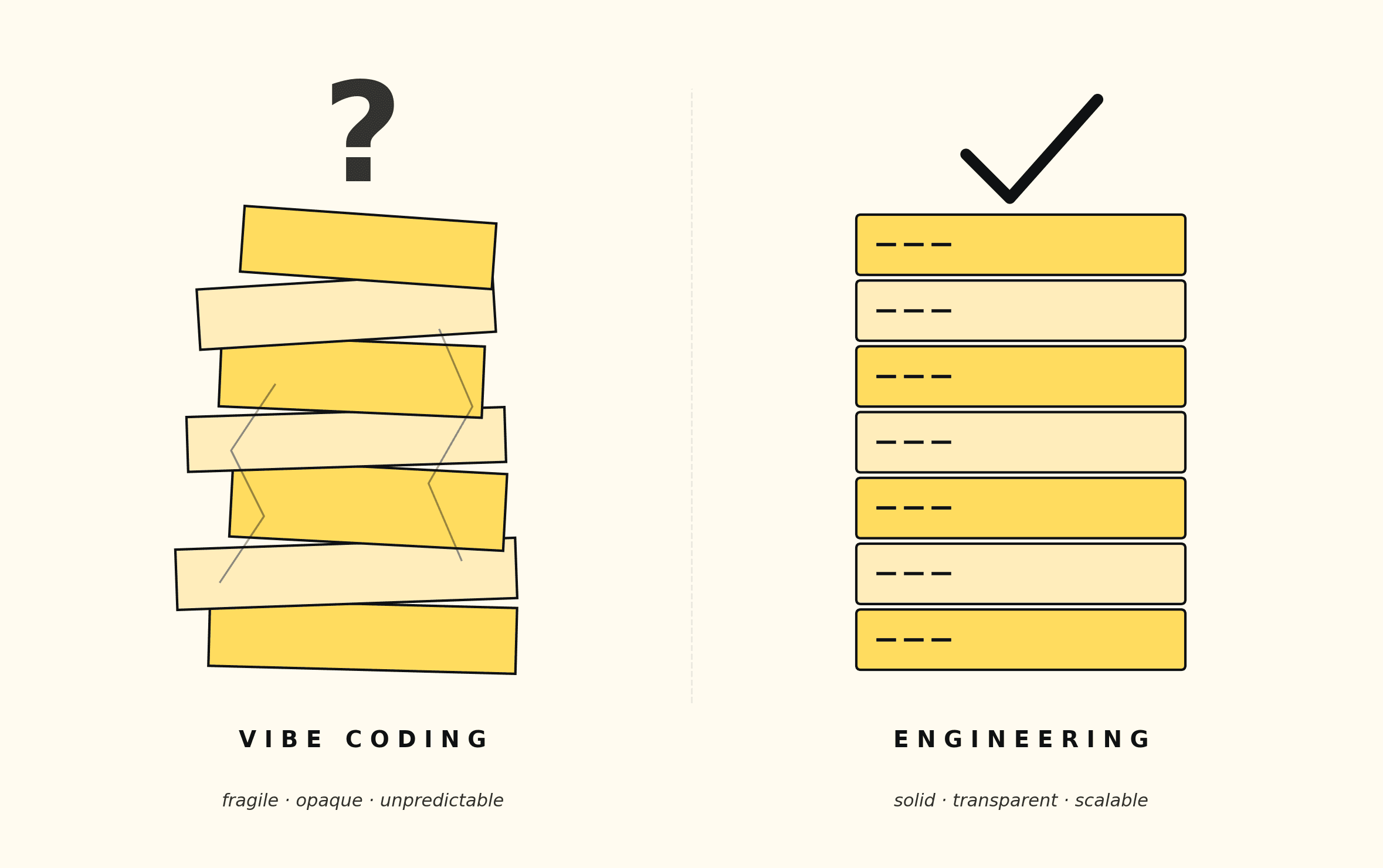 Two visually similar software products built on opposite foundations: structured engineering and uncontrolled vibe coding.