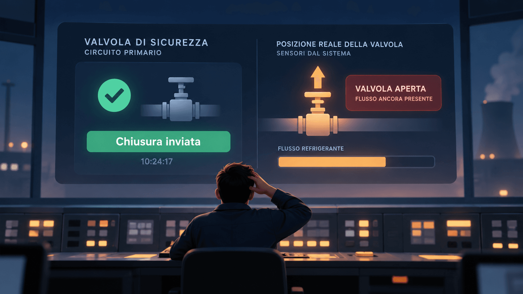 Operator at a nuclear power plant facing an interface that shows a valve closure command even though the valve remains open.