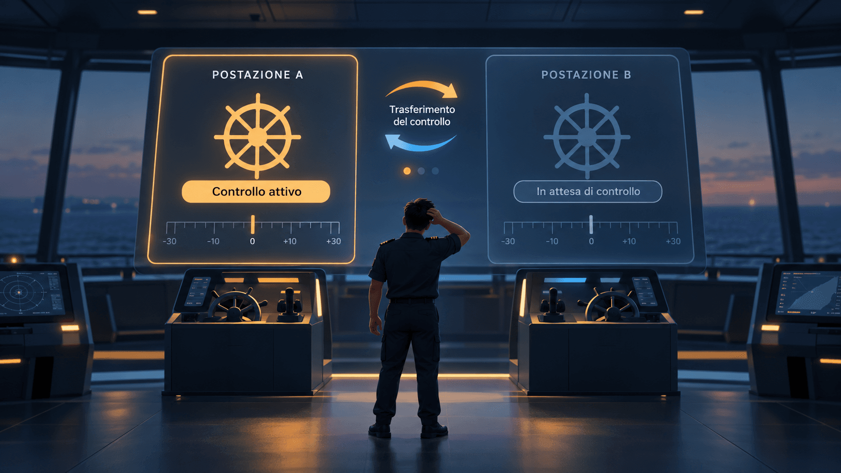 Operator on a military ship's bridge looking at two digital control stations and an interface for transferring steering control.