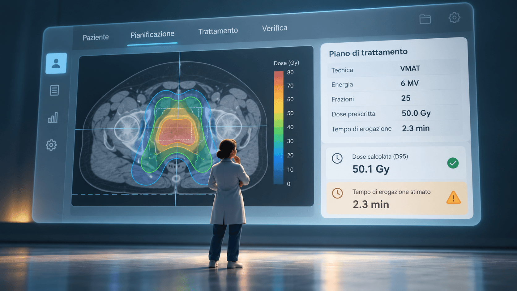 Doctor facing radiotherapy planning software displaying a dose map, treatment values, and verification indicators.