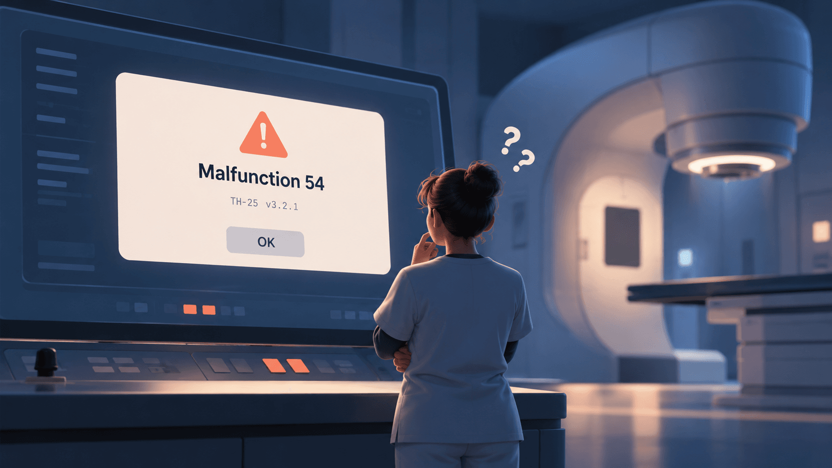 Healthcare worker looking at a radiotherapy machine's software displaying the generic error message 'Malfunction 54' without explaining its severity.