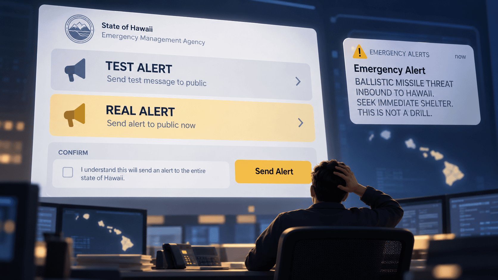 Operator facing an emergency alert system with options to send a test message or a real alert, alongside a missile warning notification.